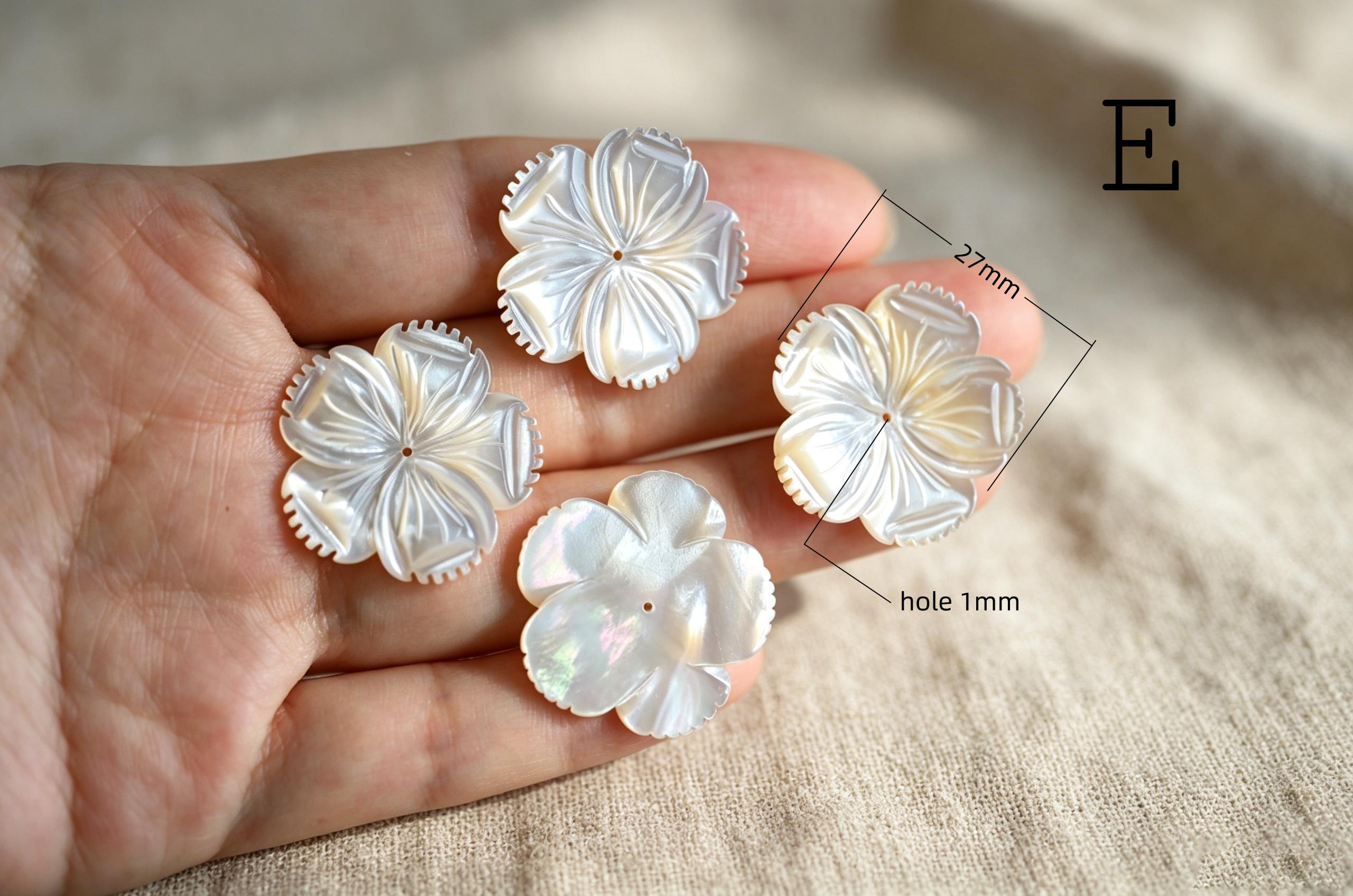 10pcs White Mother of Pearl Carved Flowers 35-43mm, Unique Large Shell Flowers (BK-019)